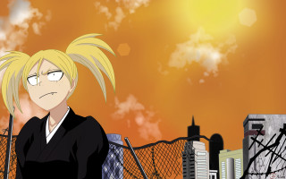 Blonde hair person fence cityscape - ukiyoe free wallpaper