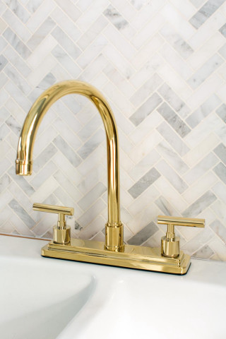 Gold faucet white tile bathroom - free architecture wallpaper