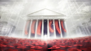 Building columns red flags sky - column free wallpaper