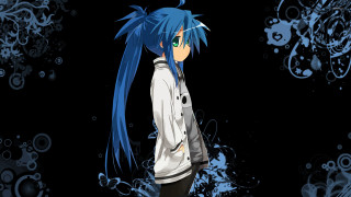 Bluehair girl whiteblackpants blackbackground blueswirls - black pants free wallpaper