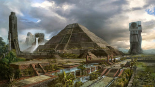 Futuristic city pyramid waterfall cloudy - clint cearley free wallpaper