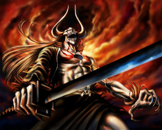 Demon sword fire sky clouds - a painting of a demon holding free wallpaper