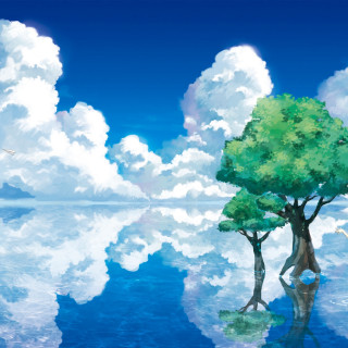Tree lake clouds bird flying - a tree free wallpaper for tablet