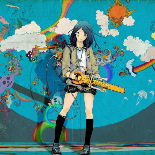 Girl chainsaw mural rainbow background - a wall free wallpaper for tablet