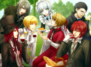 Costumed group forest basket food - costume free wallpaper