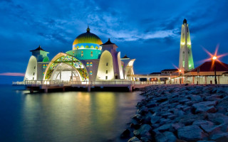 Large building water night pier - water next free wallpaper