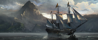 Boat sailing ocean mountains clouds - a painting of a boat free wallpaper