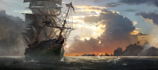 Ship ocean sunset painting clouds - fantasy art free wallpaper