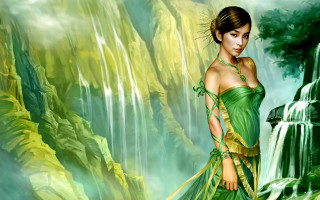 Woman green dress waterfall behind - magic free wallpaper