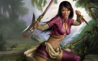 Pink woman swords bamboo fantasy - magic free wallpaper for desktop