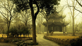 Small pagoda park bench trees - the background and a path free wallpaper