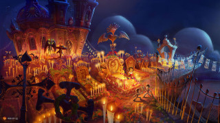 Carnival crowd castle lights painting - a castle in the background free wallpaper for desktop