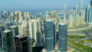 City tall buildings highway water - zenith view free wallpaper