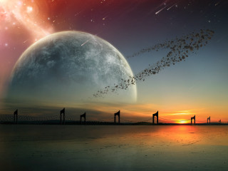 Giraffes moon sky bridge night - a large moon free wallpaper