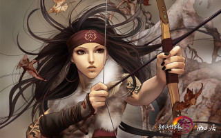 Woman holding bow arrow leaves - chen chun free wallpaper for desktop