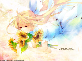 Girl blonde hair sunflowers blue - an anime drawing free wallpaper