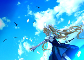 Woman blue dress flying birds - white cloud free wallpaper for desktop