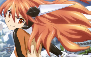 Girl long red hair sword - a city in the background free wallpaper for desktop