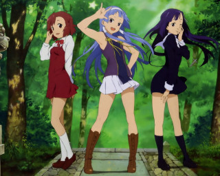 Anime girls woods hands hips - three anime girl free wallpaper