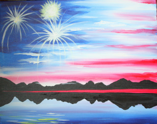 Fireworks lake mountains red sky - over a lake free wallpaper