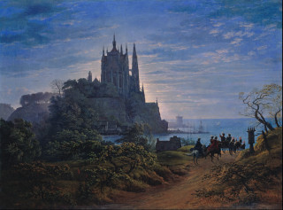 Castle horses people water background - a painting of a castle free wallpaper