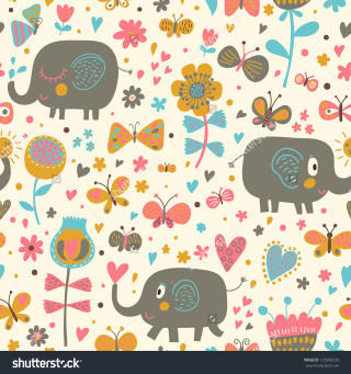 Elephants flowers hearts butterflies pattern - free animals wallpaper for tablet