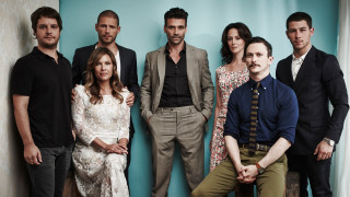 Group people blue wall curtain - a blue wall free wallpaper