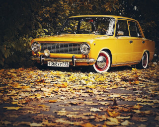 Yellow car parked leaves trees - a few leaf free wallpaper