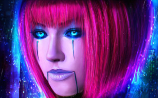 Woman pink hair blue eyes - cyberpunk style free wallpaper