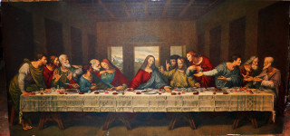 People eating meal together table - renaissance oil painting free wallpaper