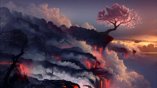 Tree mountain lava sunset dawn - a painting of a tree free wallpaper