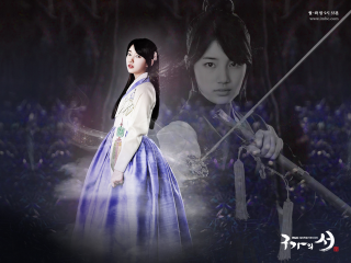 Woman blue dress sword man - byeon sangbyeok free wallpaper