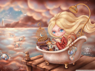 Blonde girl bathtub bird cage - whimsical free wallpaper