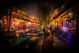 Group river night lights people - cao buxing free wallpaper
