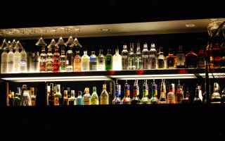 Bar bottles liquor shelves lights - neon free wallpaper for desktop