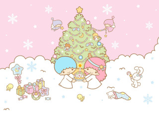 Cartoon girls christmas tree presents - two girl free wallpaper