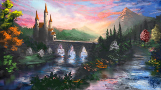 Castle bridge river mountains sunset - anato finnstark free wallpaper