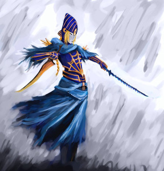 Woman blue dress sword hat - epic fantasy character art free wallpaper for tablet