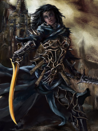 Woman black outfit sword castle - free fantasy wallpaper for mobile
