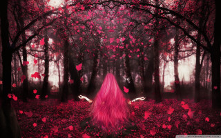 Woman pink hair forest pink - the ground and trees free wallpaper