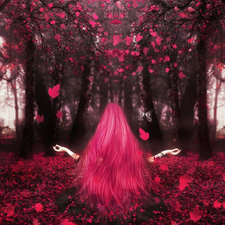 Woman pink hair forest butterflies - surreal free wallpaper for tablet
