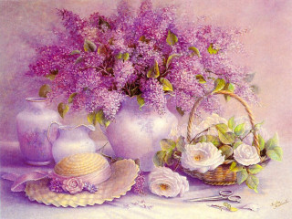 Lilacs basket flowers table hat - kinkade free wallpaper