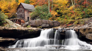Waterfall wooden building fall foliage - waterfall free wallpaper for desktop