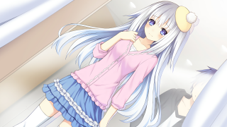 White haired girl pink shirt - a white curtain free wallpaper