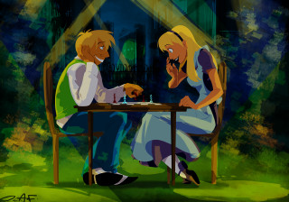 Man woman chess game park - storybook illustration free wallpaper