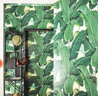 Bathroom green wallpaper mirror shelf - jungle free wallpaper