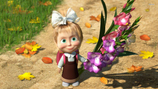 Cartoon girl bouquet flowers dirt - the background and a path free wallpaper