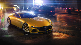 Yellow sports car wet street - night free wallpaper
