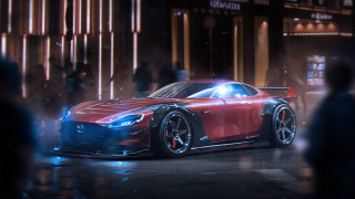 Red sports car night city 8 - realistic free wallpaper