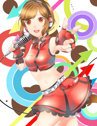 Woman red outfit holding microphone - energetic free wallpaper for mobile